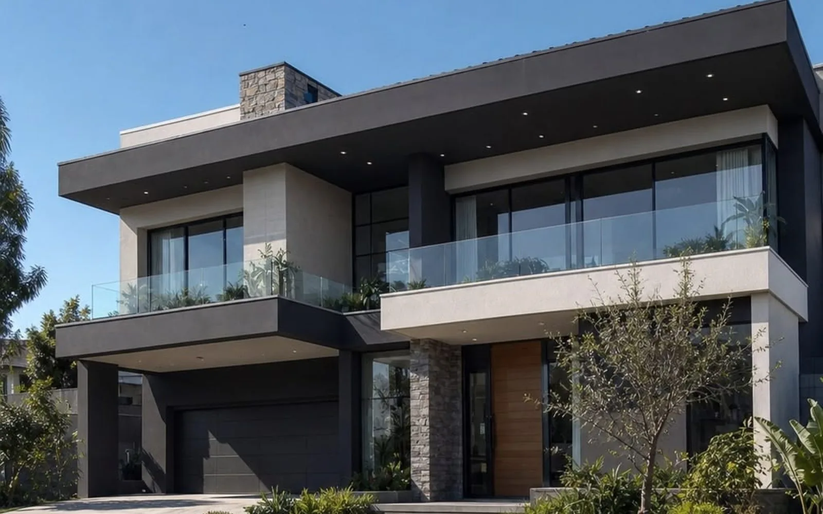 Modern two-storey home with glass balustrades and landscaped entry